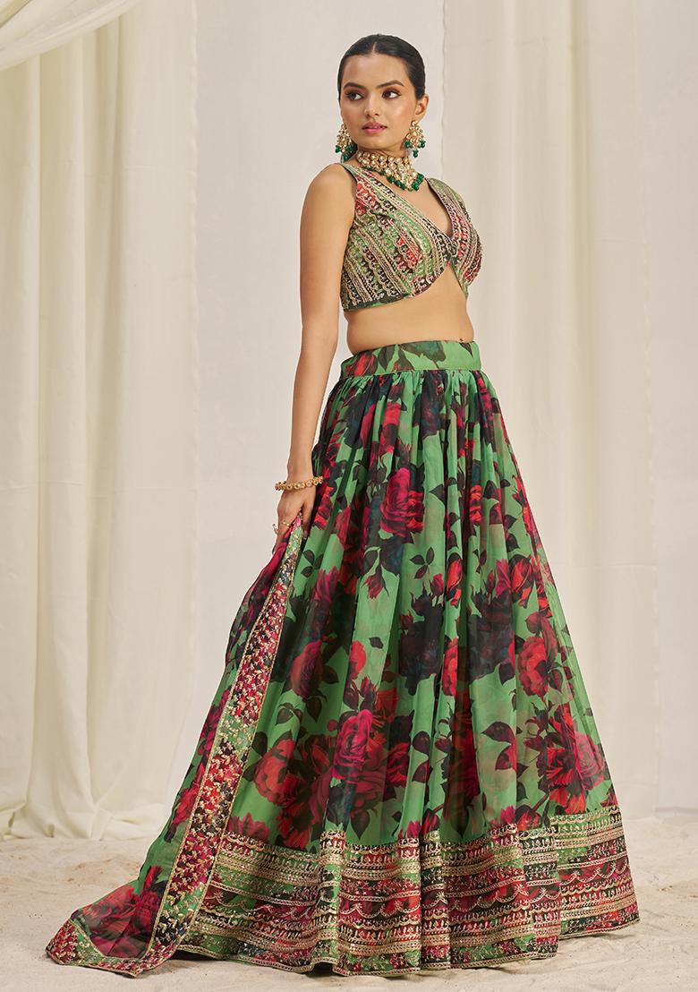 Parrot Green Printed Sequin Embroidered Organza Lehenga Set