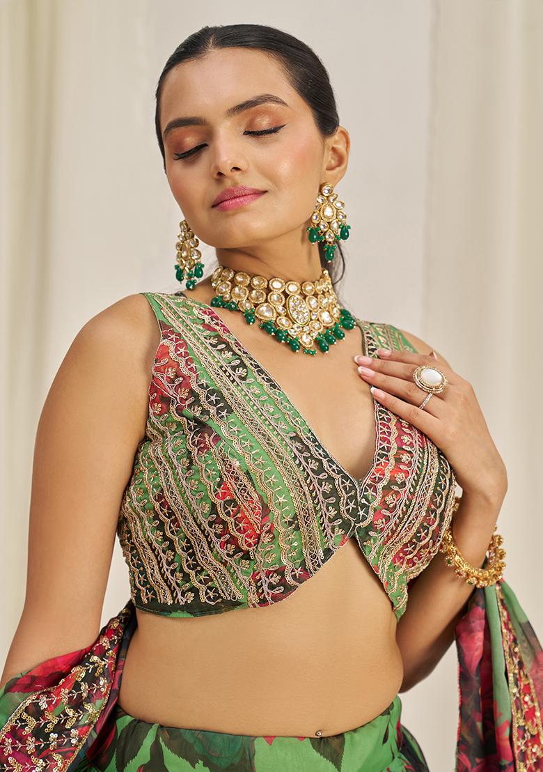 Parrot Green Printed Sequin Embroidered Organza Lehenga Set