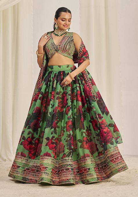 Parrot Green Printed Sequin Embroidered Organza Lehenga Set