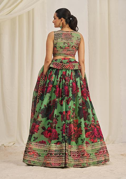 Parrot Green Printed Sequin Embroidered Organza Lehenga Set