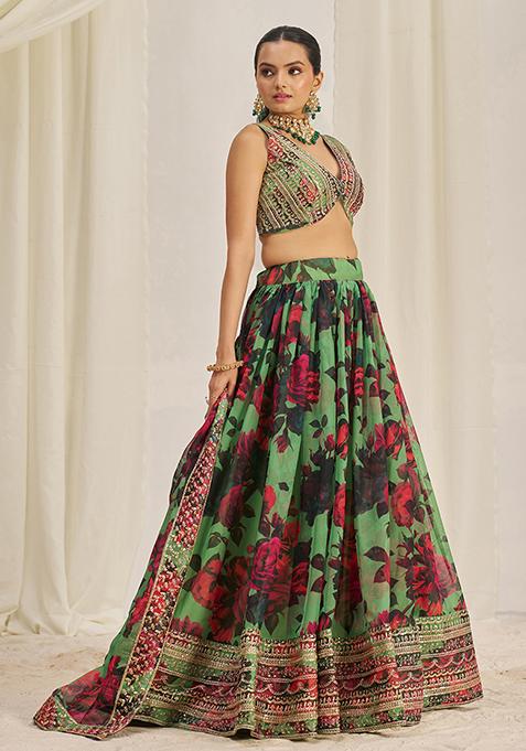 Parrot Green Printed Sequin Embroidered Organza Lehenga Set