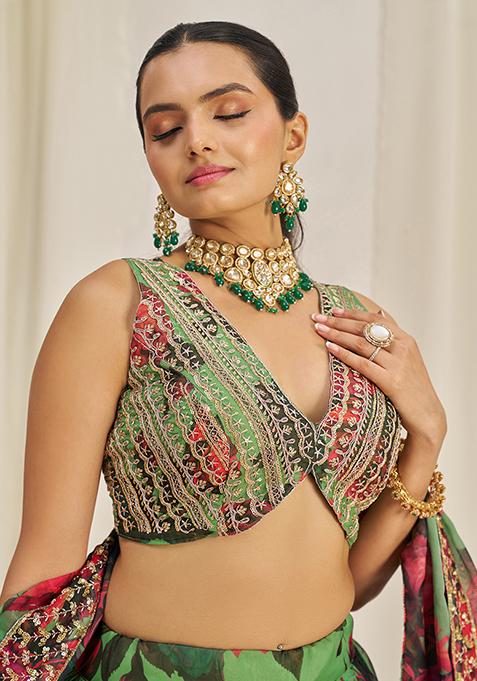 Parrot Green Printed Sequin Embroidered Organza Lehenga Set