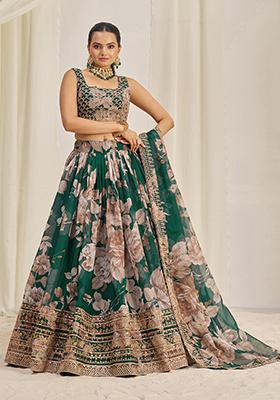 Dark Green Printed Sequin Embroidered Organza Lehenga Set