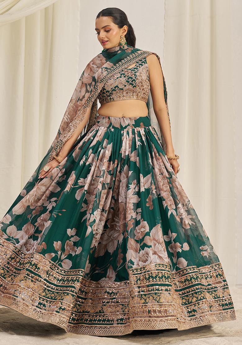 Dark Green Printed Sequin Embroidered Organza Lehenga Set