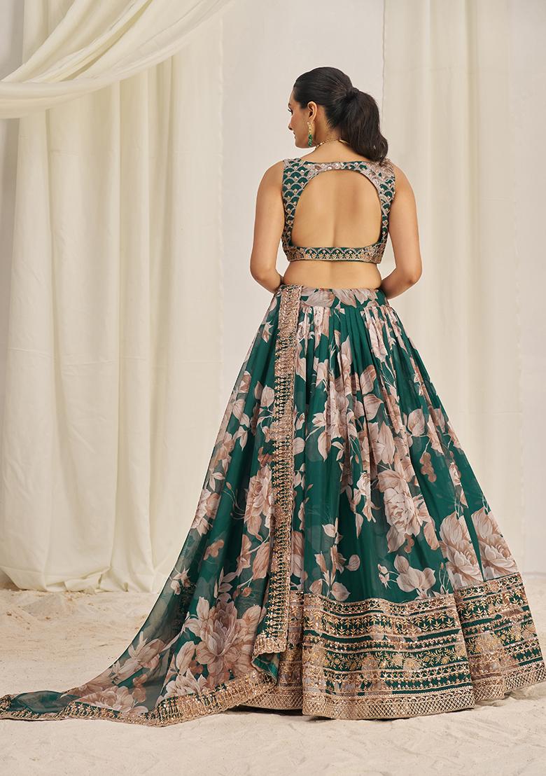 Dark Green Printed Sequin Embroidered Organza Lehenga Set