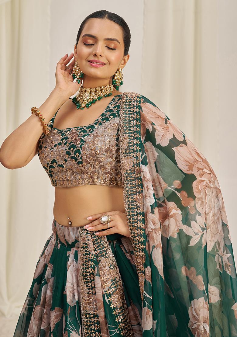 Dark Green Printed Sequin Embroidered Organza Lehenga Set