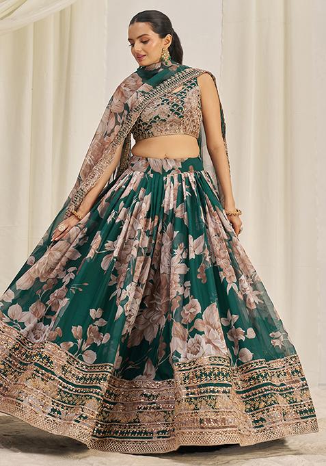 Dark Green Printed Sequin Embroidered Organza Lehenga Set