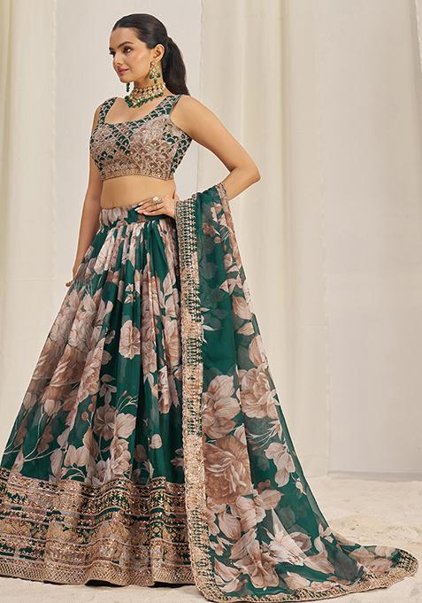 Dark Green Printed Sequin Embroidered Organza Lehenga Set