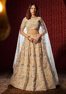 Off White Sequin Thread Embroidered Georgette Lehenga Set