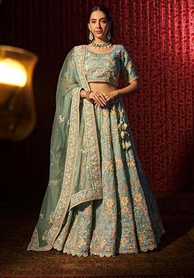 Turquoise Sequin Thread Embroidered Organza Lehenga Set