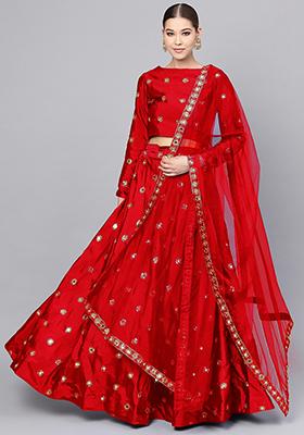 Red Mirror Zari Embroidered Taffeta Silk Lehenga Set
