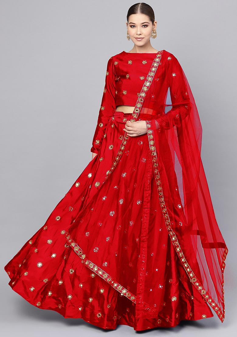 Red Mirror Zari Embroidered Taffeta Silk Lehenga Set