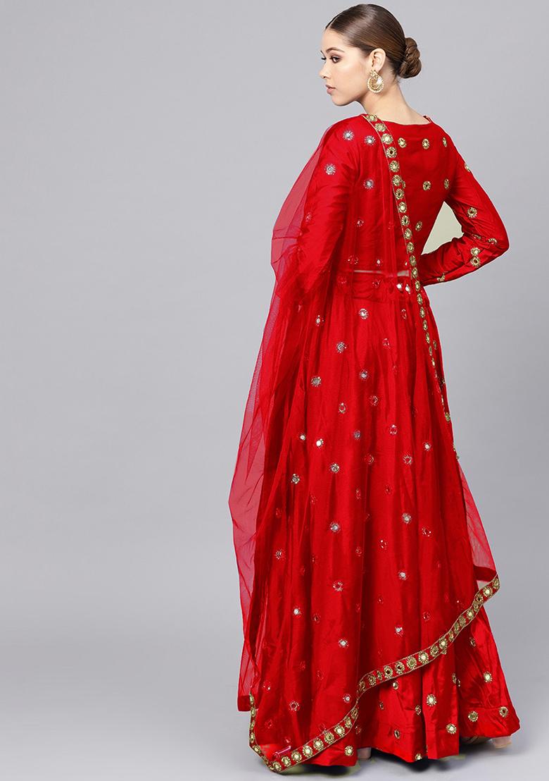 Red Mirror Zari Embroidered Taffeta Silk Lehenga Set