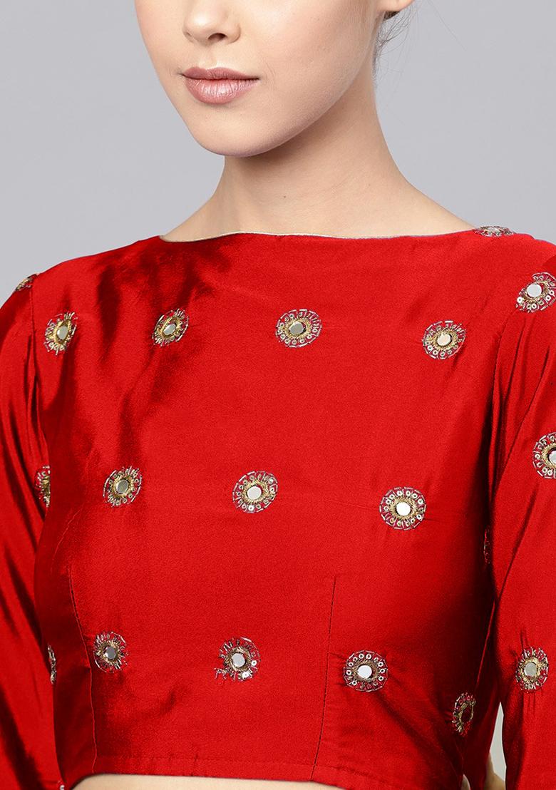 Red Mirror Zari Embroidered Taffeta Silk Lehenga Set