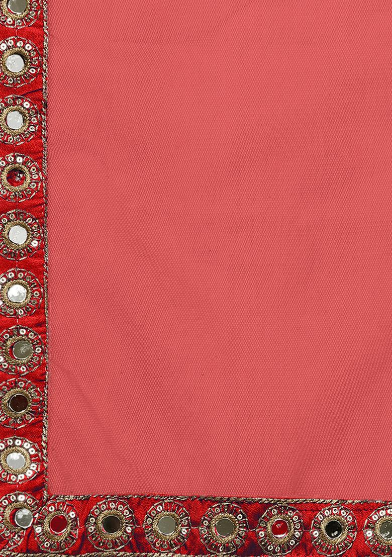 Red Mirror Zari Embroidered Taffeta Silk Lehenga Set