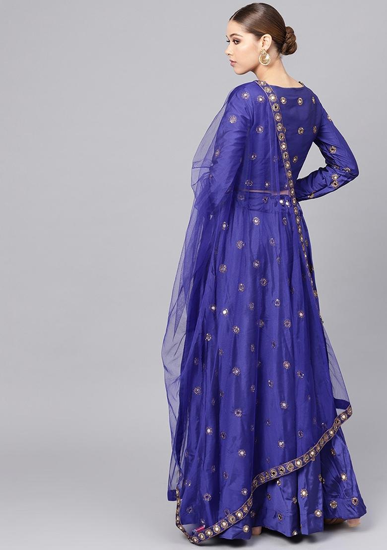 Light Blue Mirror Zari Embroidered Taffeta Silk Lehenga Set