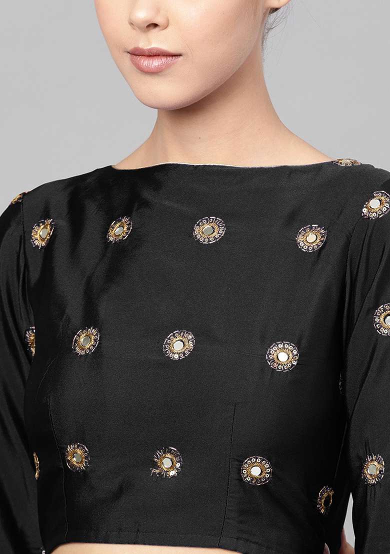 Black Mirror Zari Embroidered Taffeta Silk Blend Lehenga Set for Diwali and Festive Wear - Indya