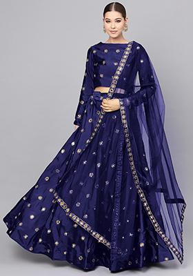 Navy Blue Mirror Zari Embroidered Taffeta Silk Lehenga Set
