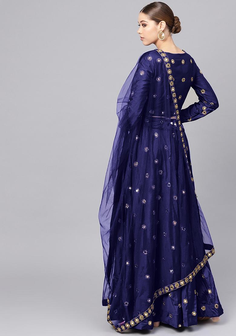 Navy Blue Mirror Zari Embroidered Taffeta Silk Lehenga Set