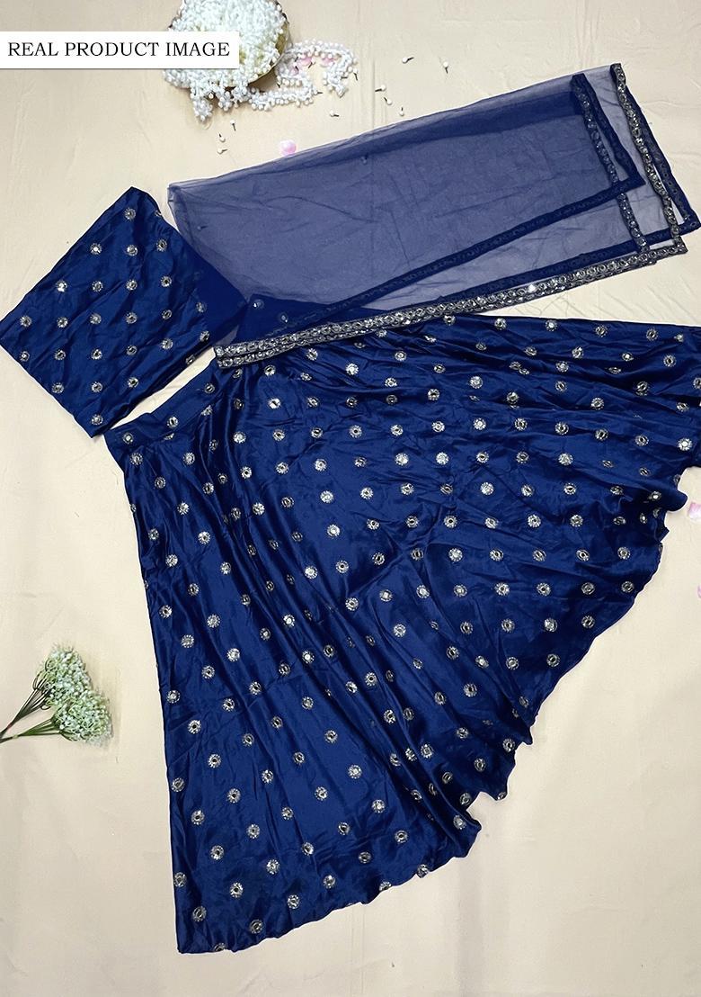 Navy Blue Mirror Zari Embroidered Taffeta Silk Lehenga Set