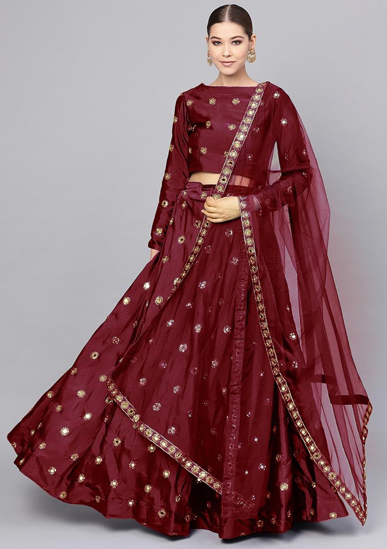 Maroon Mirror Zari Embroidered Taffeta Silk Lehenga Set