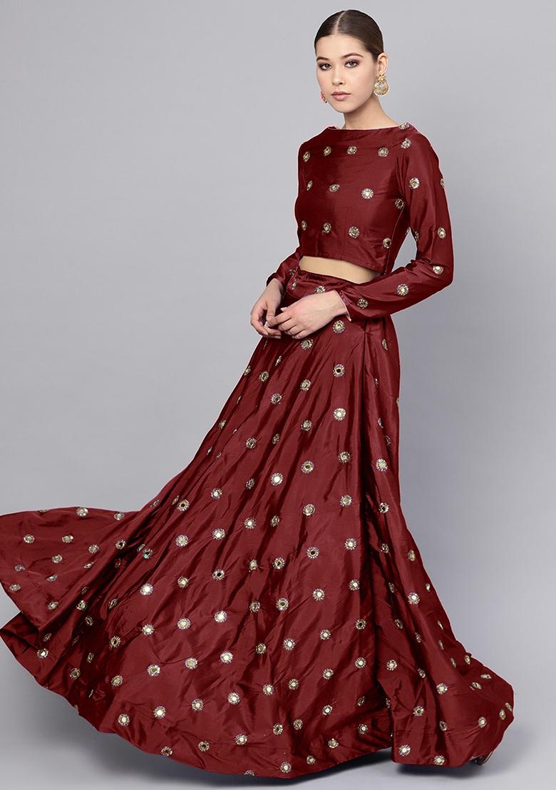 Maroon Mirror Zari Embroidered Taffeta Silk Lehenga Set
