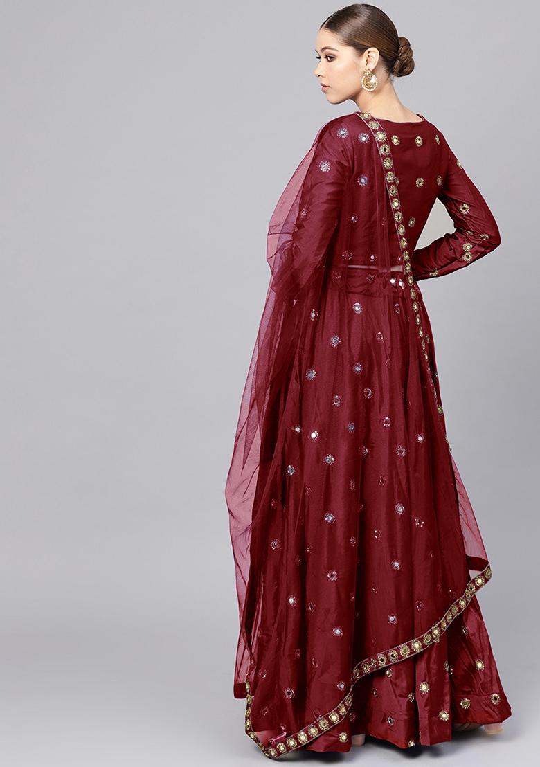 Maroon Mirror Zari Embroidered Taffeta Silk Lehenga Set