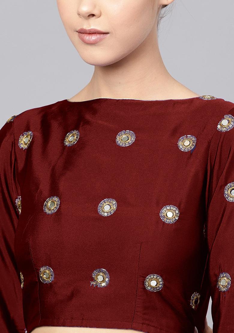 Maroon Mirror Zari Embroidered Taffeta Silk Lehenga Set