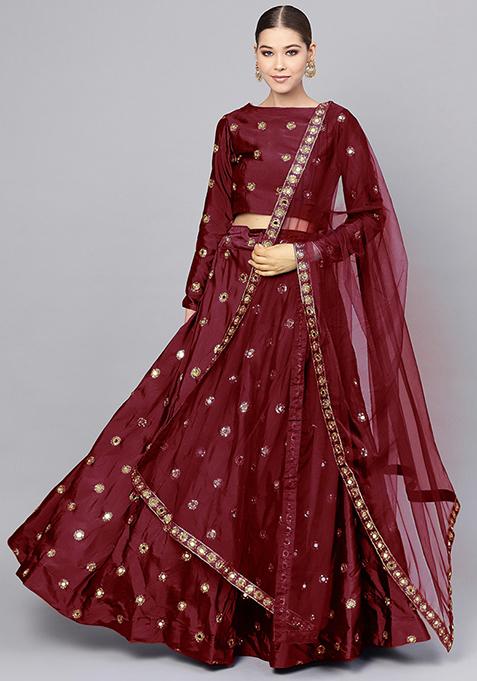 Maroon Mirror Zari Embroidered Taffeta Silk Lehenga Set