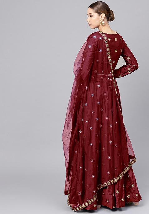 Maroon Mirror Zari Embroidered Taffeta Silk Lehenga Set