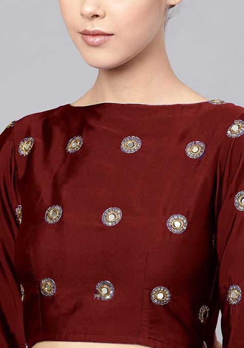 Maroon Mirror Zari Embroidered Taffeta Silk Lehenga Set