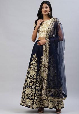 Navy Blue Sequin Thread Embroidered Velvet Lehenga Set