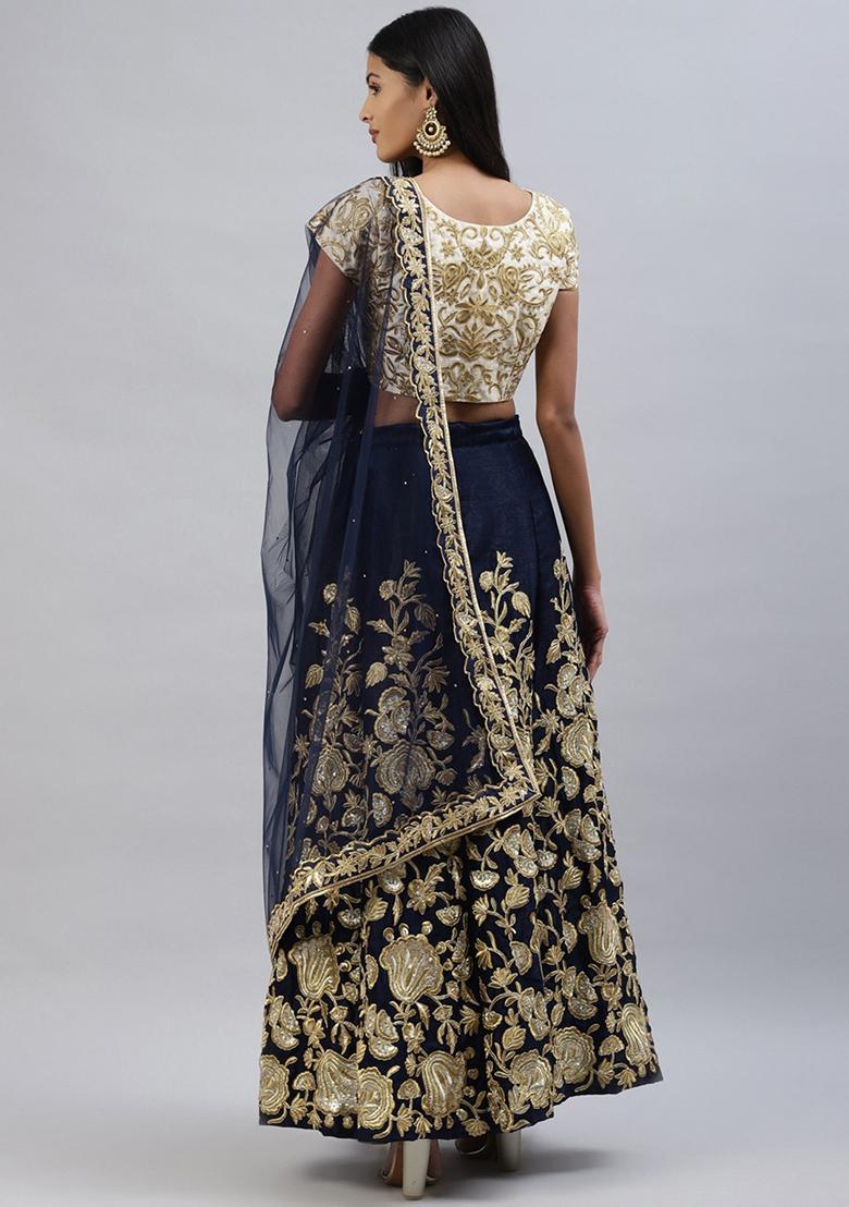 Navy Blue Sequin Thread Embroidered Velvet Lehenga Set