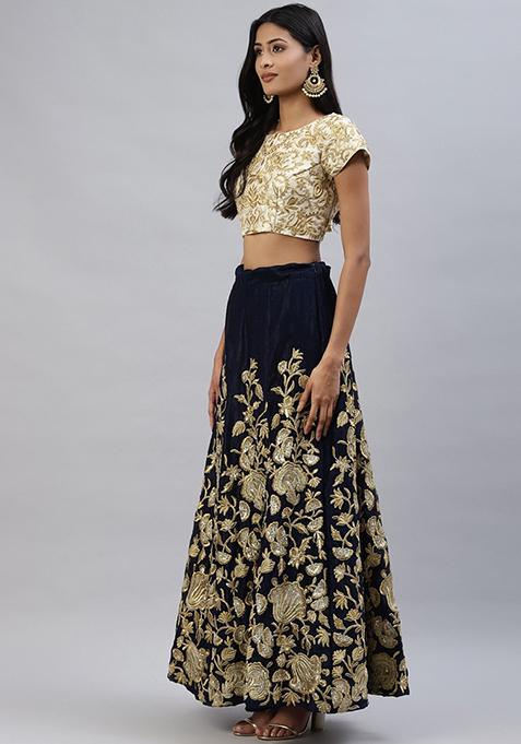 Navy Blue Sequin Thread Embroidered Velvet Lehenga Set