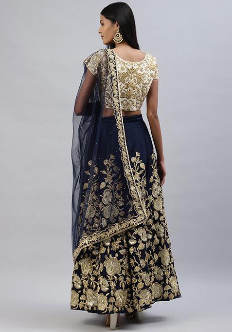 Navy Blue Sequin Thread Embroidered Velvet Lehenga Set