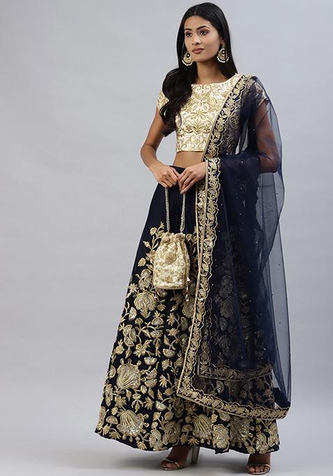 Navy Blue Sequin Thread Embroidered Velvet Lehenga Set