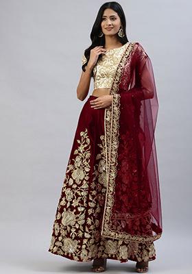 Maroon Sequin Thread Embroidered Velvet Lehenga Set