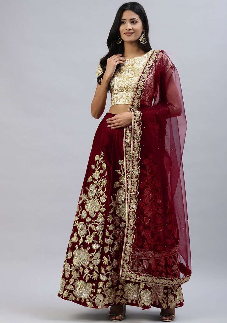 Maroon Thread Velvet Lehenga Set with Embroidered & Sequin for Diwali | Wedding & Festive Wear - Indya