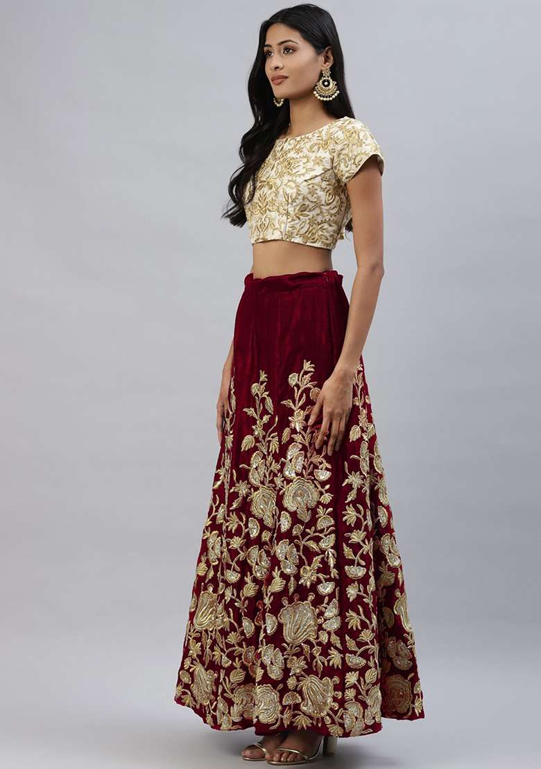 Maroon Thread Velvet Lehenga Set with Embroidered & Sequin for Diwali | Wedding & Festive Wear - Indya