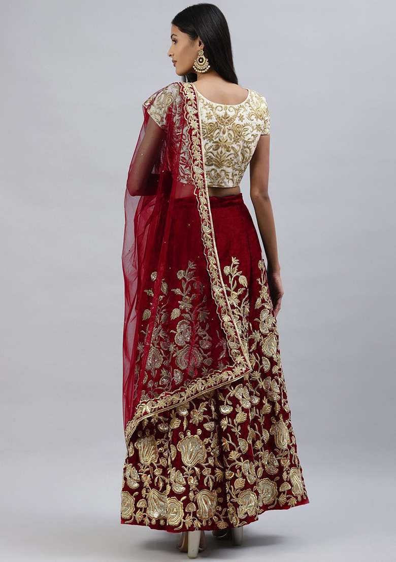 Maroon Thread Velvet Lehenga Set with Embroidered & Sequin for Diwali | Wedding & Festive Wear - Indya