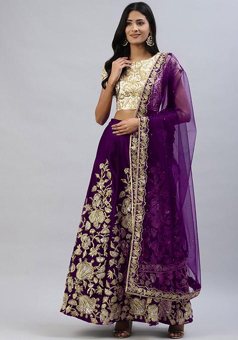 Purple Sequin Thread Embroidered Velvet Lehenga Set