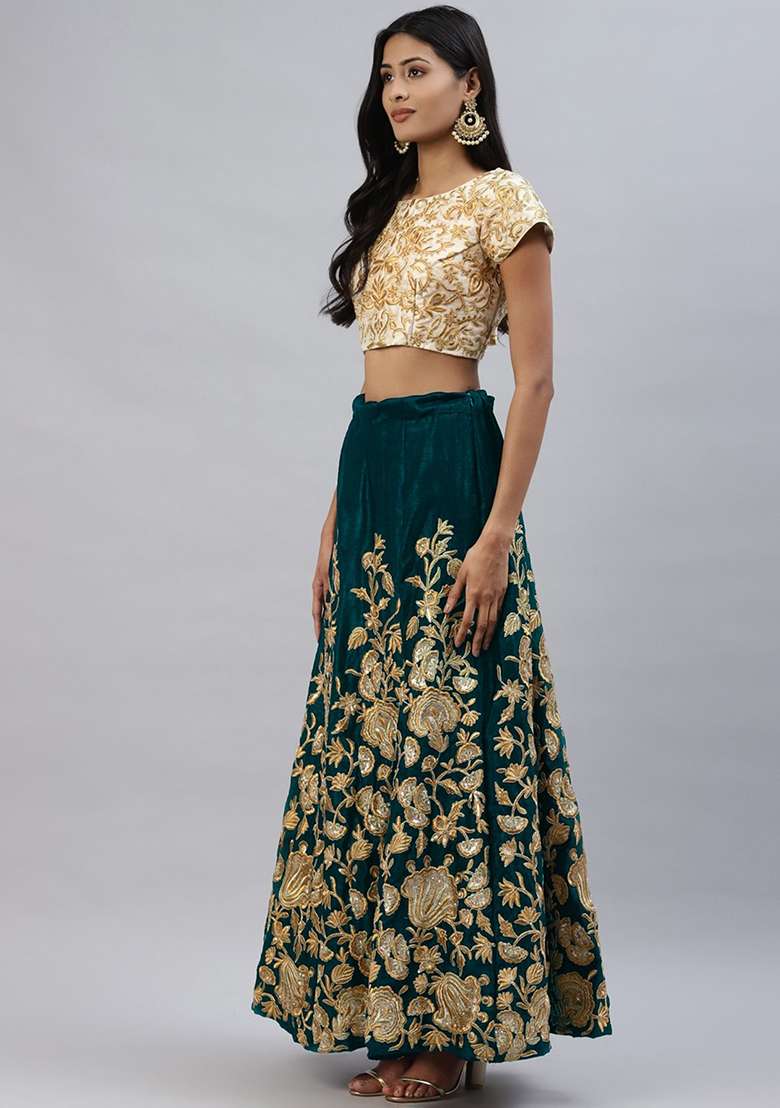 Turquoise Sequin Thread Embroidered Velvet Lehenga Set for Diwali and Festive Wear - Indya
