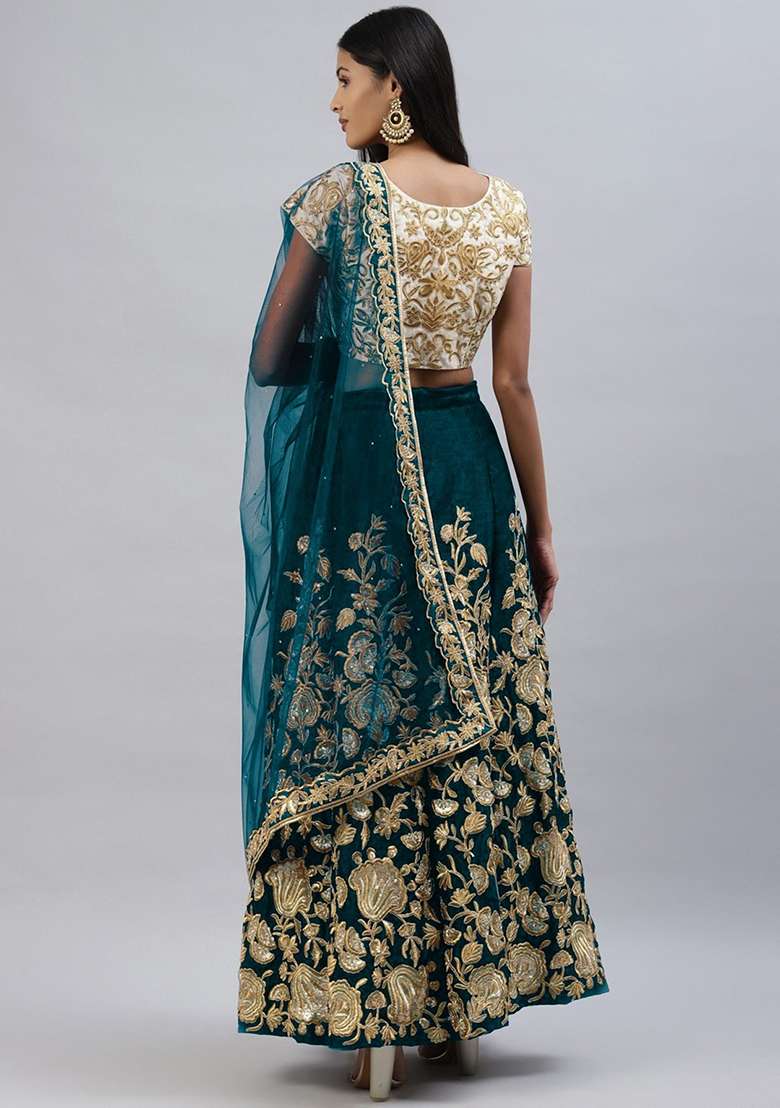 Turquoise Sequin Thread Embroidered Velvet Lehenga Set for Diwali and Festive Wear - Indya