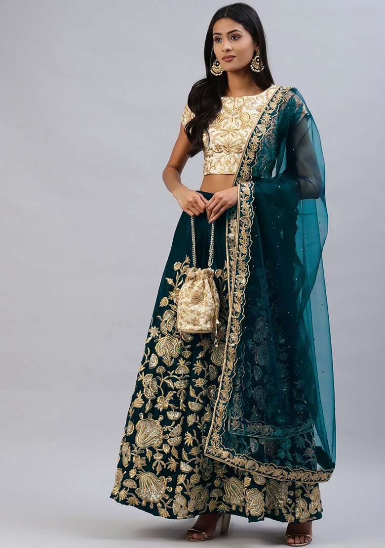 Turquoise Sequin Thread Embroidered Velvet Lehenga Set for Diwali and Festive Wear - Indya