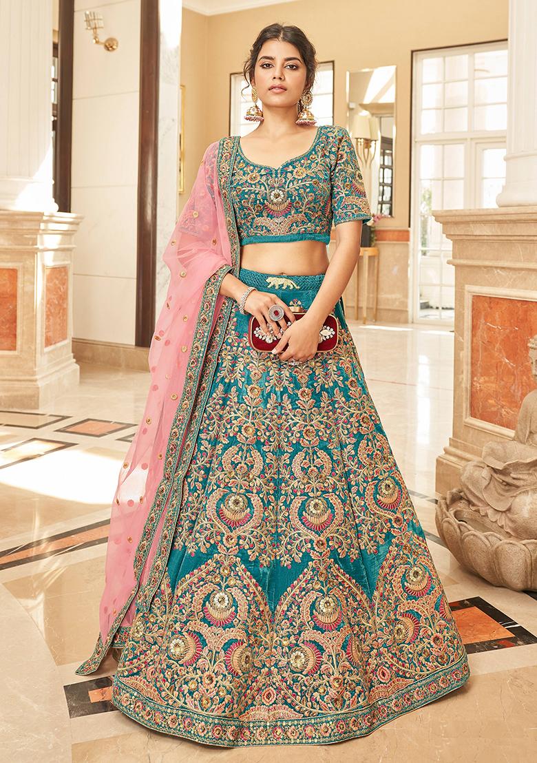 Turquoise Sequin Thread Embroidered Velvet Lehenga Set