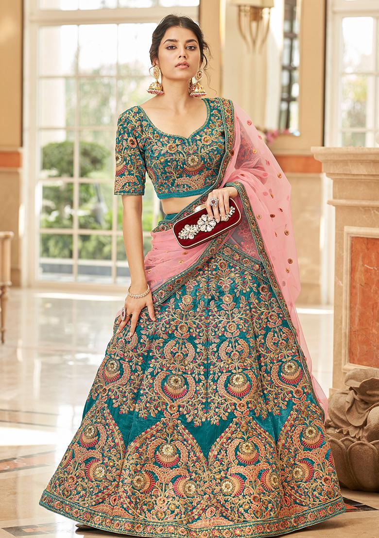 Turquoise Sequin Thread Embroidered Velvet Lehenga Set