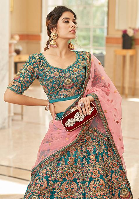 Turquoise Sequin Thread Embroidered Velvet Lehenga Set