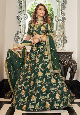 Green Sequin Thread Embroidered Art Silk Lehenga Set