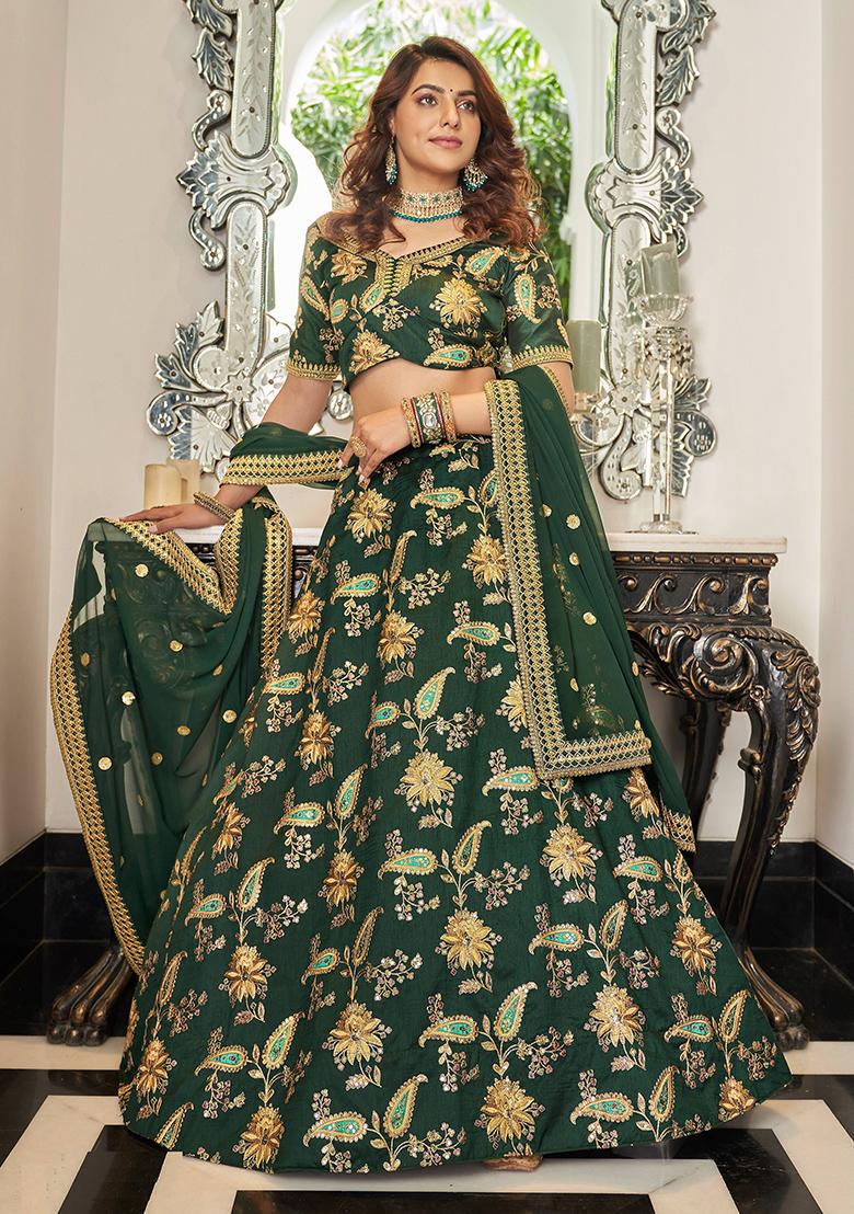 Green Sequin Thread Embroidered Art Silk Lehenga Set