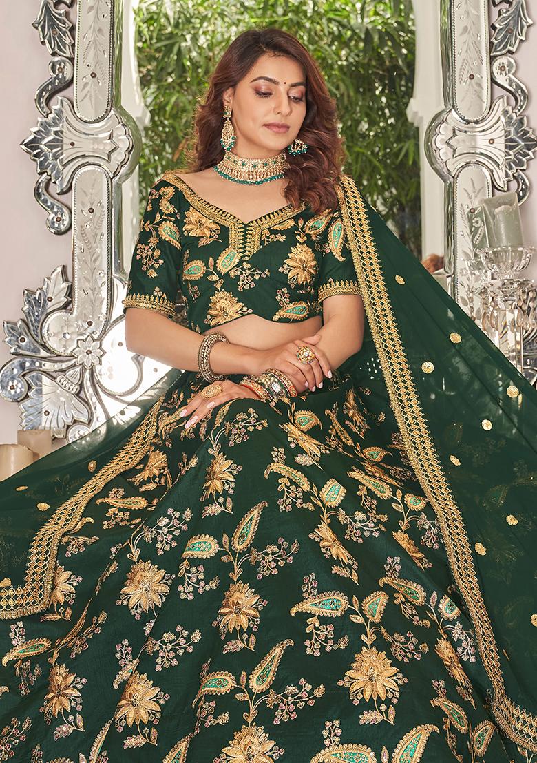 Green Sequin Thread Embroidered Art Silk Lehenga Set